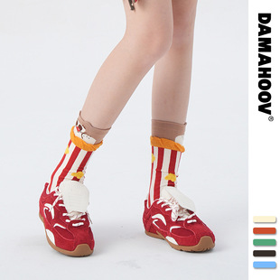 原创个性 棉袜 苞米花鼠鼠卡通中筒袜可爱蓝白格袜子女秋冬情侣款