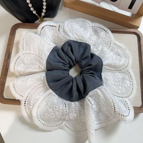 超大宽边巨显脸小拼接刺绣花朵肥肠圈韩国学院风灰色镂空发绳皮筋
