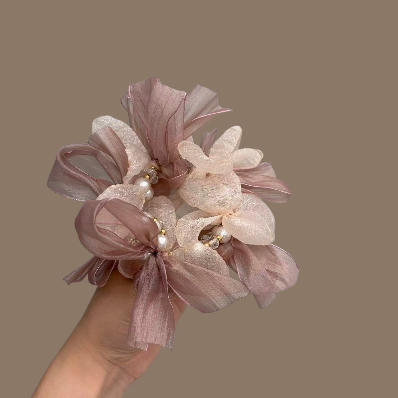 韩系超仙蕾丝蝴蝶结珍珠发圈手串镶钻丸子头欧根纱大肠皮筋头绳女