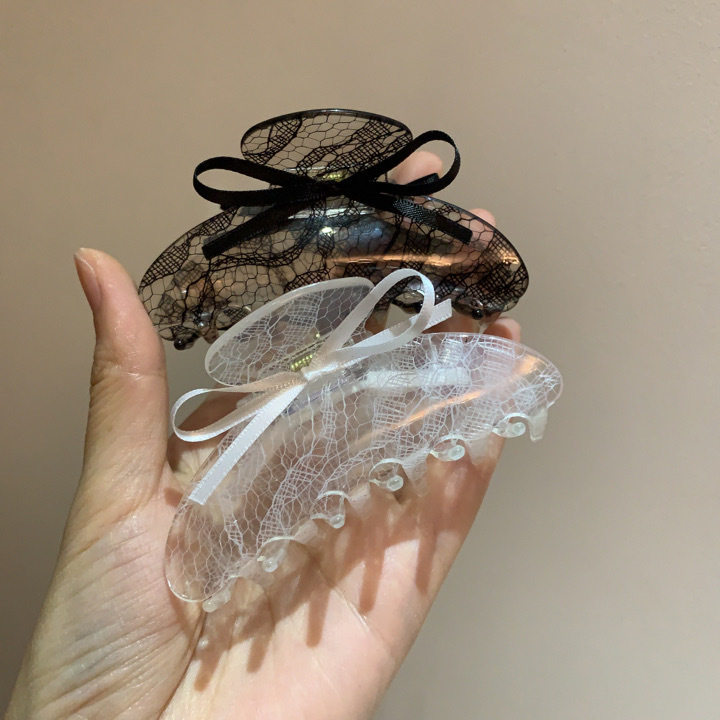 复古甜美蝴蝶结小香风蕾丝花纹抓夹慵懒风后脑勺盘发夹子鲨鱼发抓