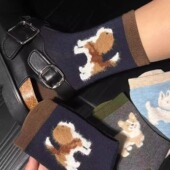 日系小狗绵羊毛袜子女秋冬保暖加厚堆堆袜可爱无骨简约拼色中筒袜