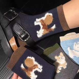 日系小狗绵羊毛袜子女秋冬保暖加厚堆堆袜可爱无骨简约拼色中筒袜