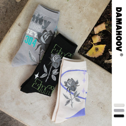DAMAHOOV金属玫瑰Infinity潮流酸性设计师款国潮棉袜子男女中筒袜