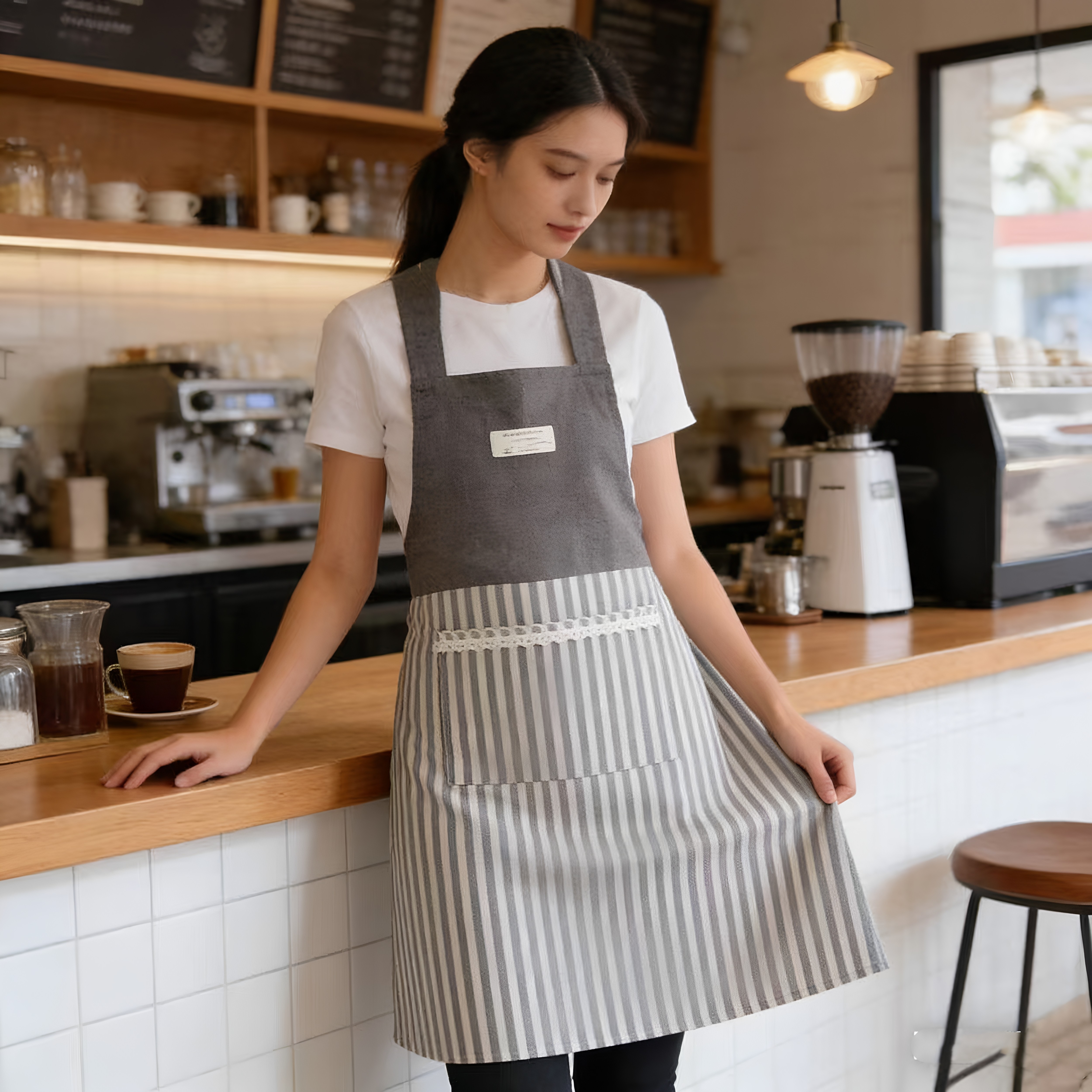2026新款日式棉麻家用厨房围裙咖啡店服高级感年轻款防油薄款罩衣图片