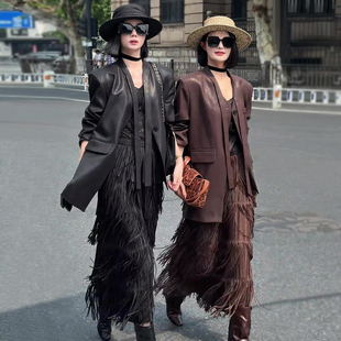 休闲不规则飘带PU皮衣外套半身裙套装女纯色外套夹克上衣两件套秋