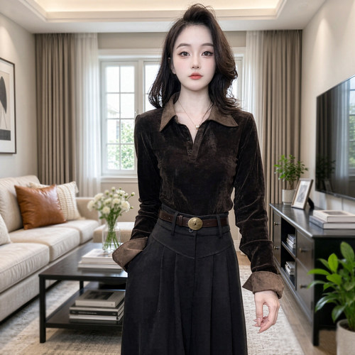 翻领长袖丝绒上衣女内搭打底衫