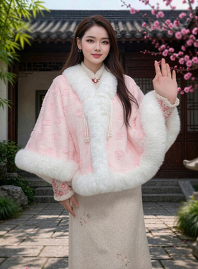 毛领加绒厚斗篷披肩女玫瑰花披风