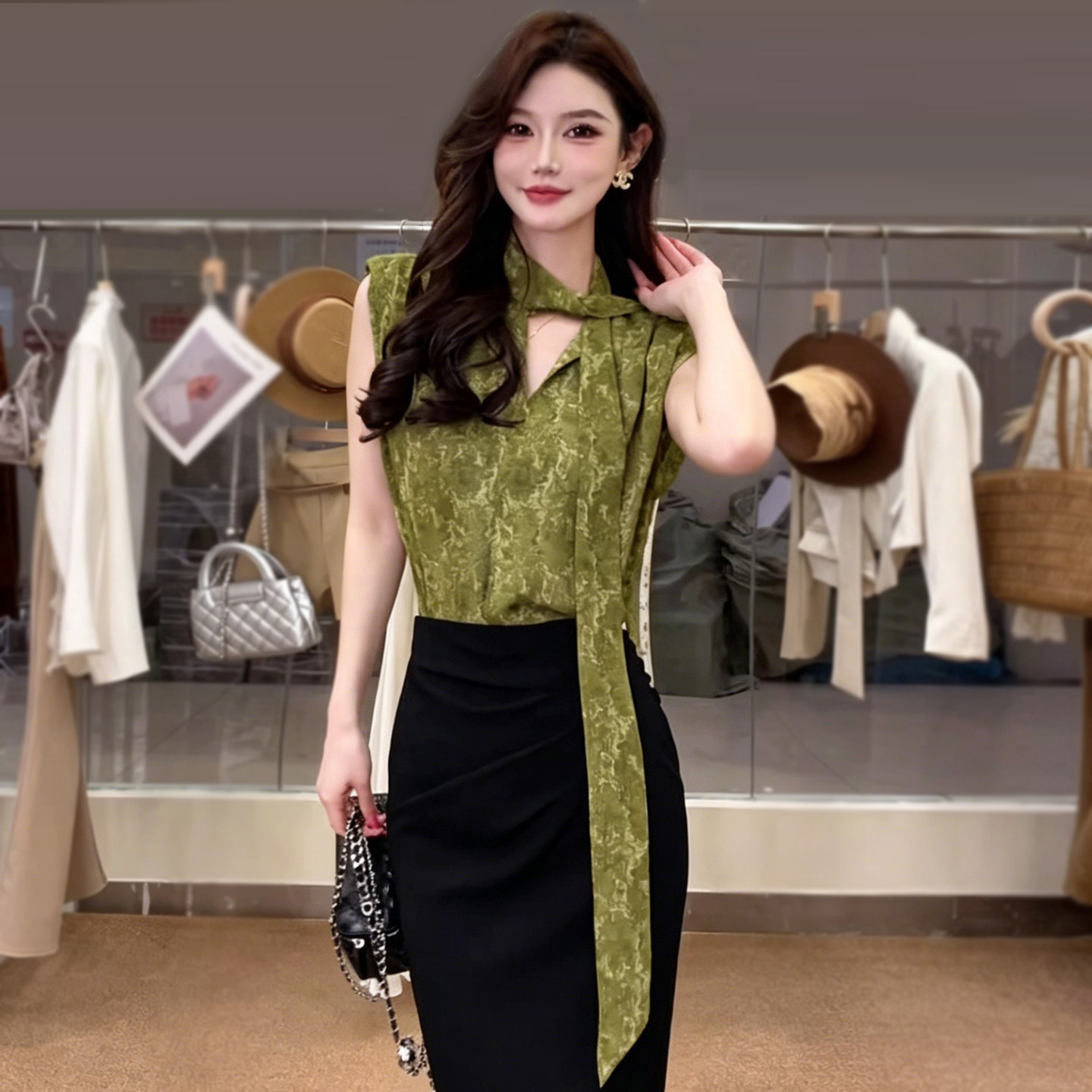两穿飘带无袖衬衫背心女坎肩图片