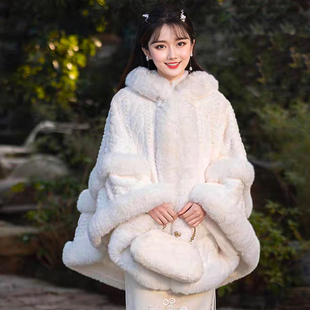 复古名媛风仿獭兔毛领连帽加绒加厚斗篷披肩女纯色法兰绒披风外套