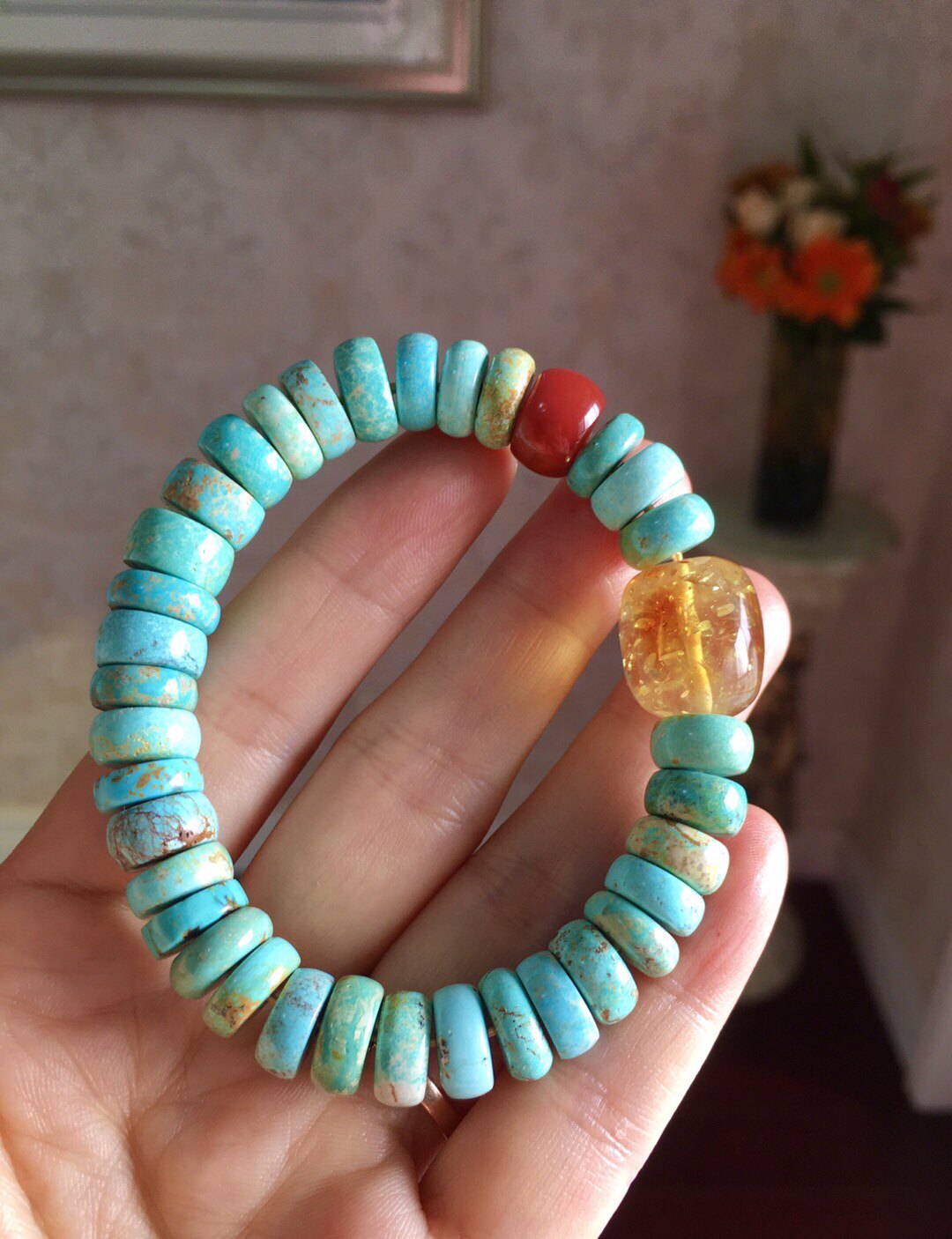 原矿油画色绿松石 隔珠手串 配天然爆花琥珀和火焰南红 11mm 31克