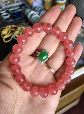 天然冰种红纹石手串 手链 9.7mm 33.3老料 冰润颜色浓 娇艳桃红色