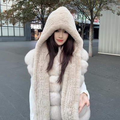 冬季獭兔毛连帽围巾韩版女真毛
