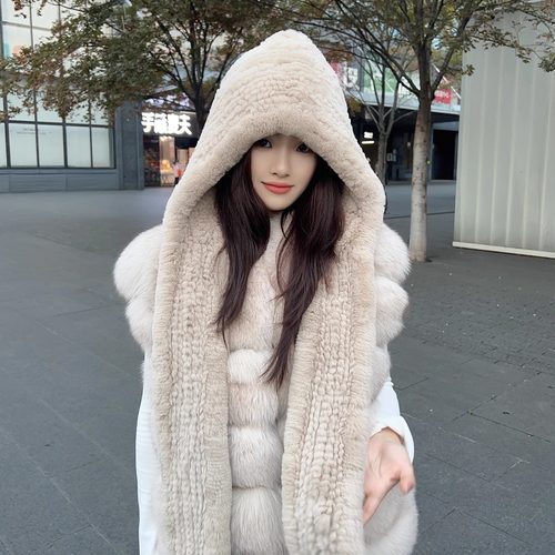 冬季獭兔毛连帽围巾韩版女真毛
