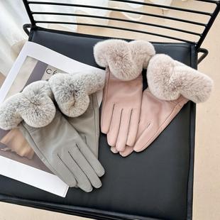 骑车保暖手套 加绒加厚韩版 獭兔毛袖 口绵羊皮手套女冬季