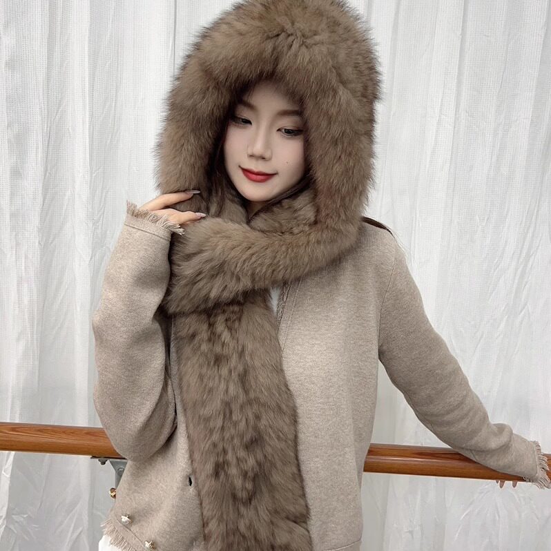 双面狐狸毛帽子围巾一体风雪帽