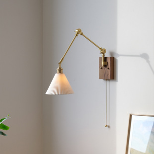 中古卧室床头壁灯轻法式复古侘寂风全铜摇臂伸缩客厅书房背景墙灯