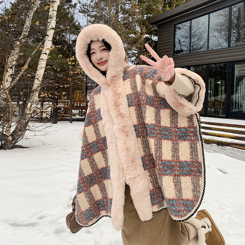 韩版加厚大毛领格纹斗篷披肩保暖披风秋冬季加绒连帽子外套大衣女