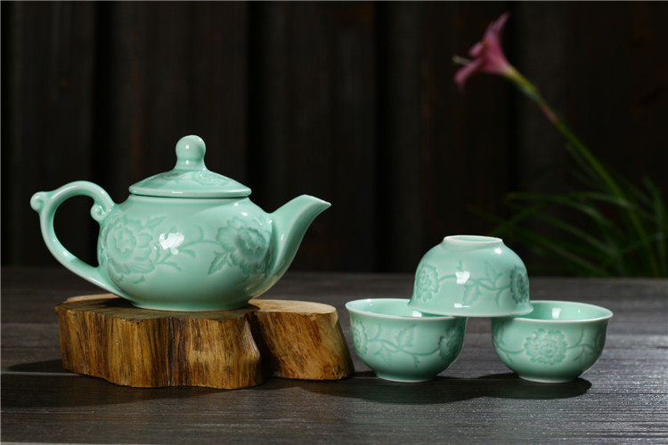 景德镇青瓷茶具茶壶茶杯整套装牡丹花纹莲花纹茶壶茶杯整套热卖