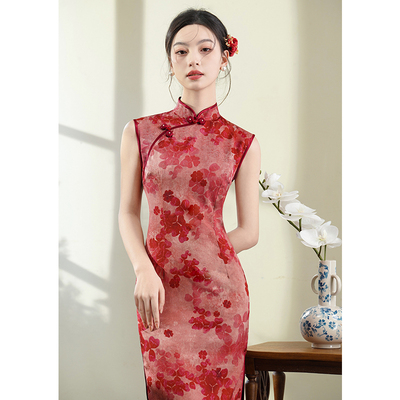 2025新款红色旗袍女夏季露肩长款