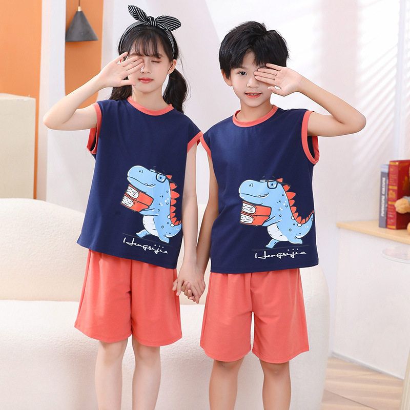 儿童夏天睡衣套装男童无袖短裤女童背心大童居家服夏季薄款可外穿