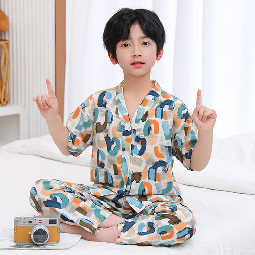 儿童棉绸开衫短袖长裤睡衣套装夏