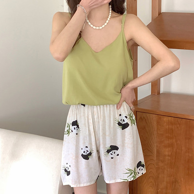 女士棉绸带胸垫吊带短裤睡衣套装