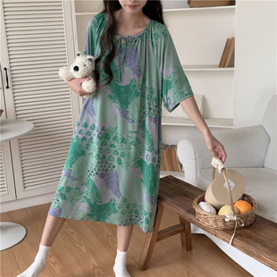 女士夏天睡裙成人棉绸短袖连衣裙绵绸裙子人造棉居家空调服夏季薄