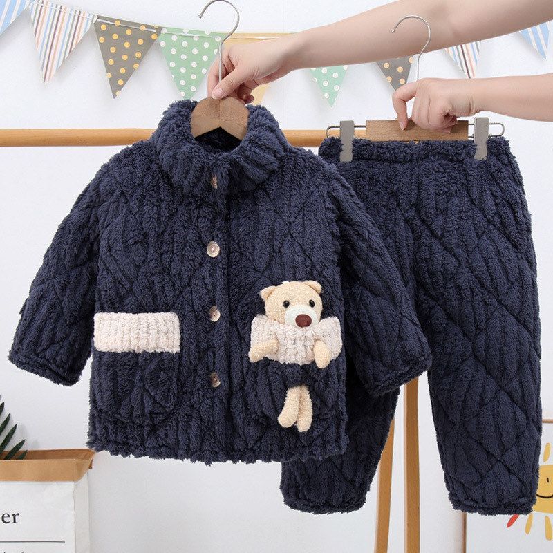 儿童连帽法兰绒睡衣套装冬季加厚