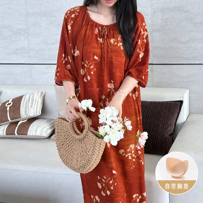 女士棉绸带胸垫睡裙夏季薄款