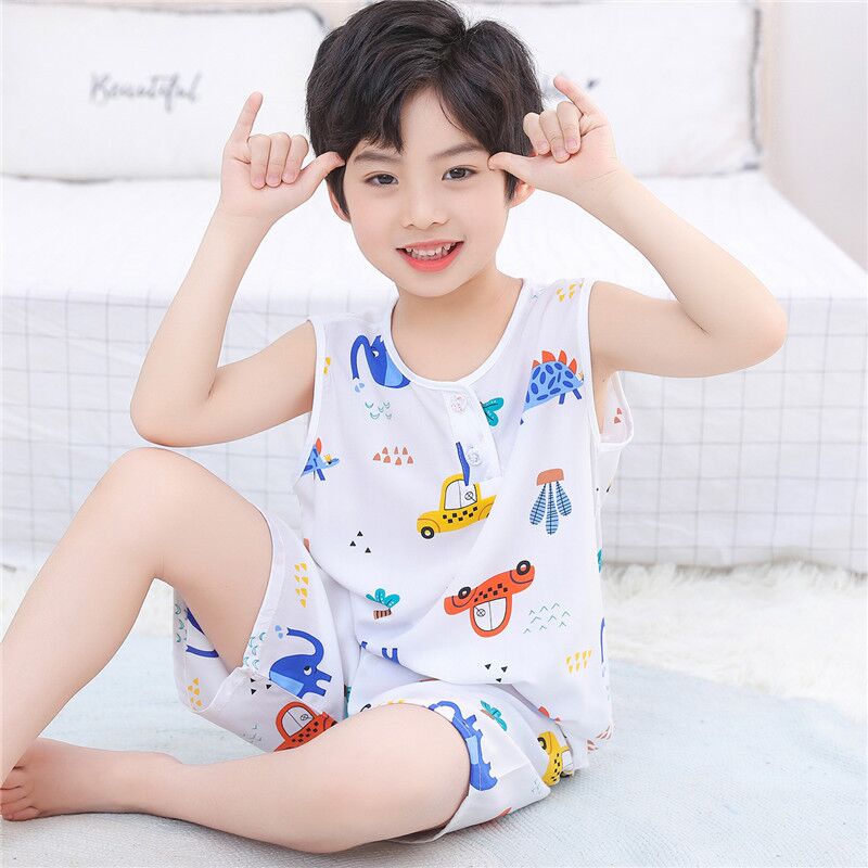 儿童夏天睡衣套装男童绵绸女童棉绸无袖短裤人造棉空调服夏季薄款