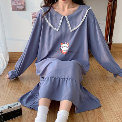 女士棉绸长袖睡裙夏季薄款