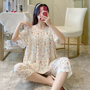 綿綢空調(diào)服少女人造棉夏季 女士夏天睡衣套裝 成人棉綢短袖 七分褲 薄