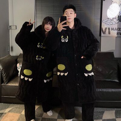 青少年夹棉加厚法兰绒睡衣套装冬