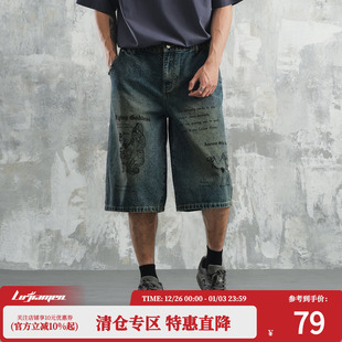 休闲短裤 宽松百搭直筒美式 潮流复古涂鸦夏季 鹿家门潮牌牛仔七分裤