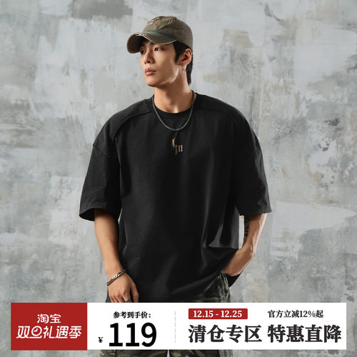 鹿家门印花黑色短袖T恤健身休闲夏季新款训练大码运动复古打底衫