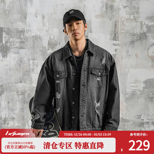 复古休闲做旧夹克男 水洗黑色破洞牛仔外套美式 鹿家门国潮大码 男装