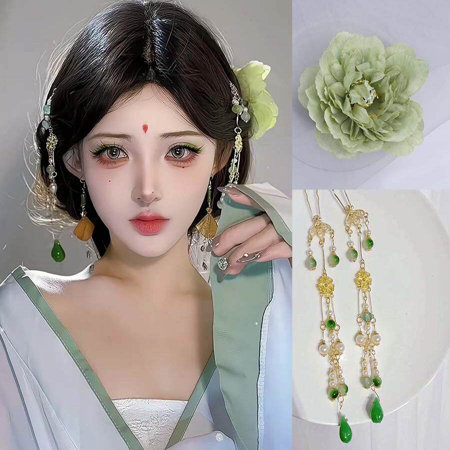 唯美古风发饰青蛇缘起绿色头花发夹水滴流苏发簪子叉汉服步摇头饰