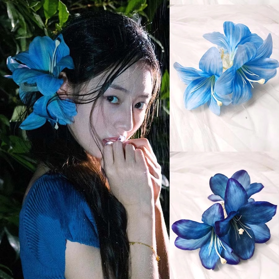 氛围感蓝色百合花朵抓夹超仙唯美盘发大号鲨鱼夹发抓头饰拍照发饰