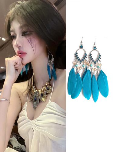 蓝色羽毛流苏耳环中古孔雀钻项链