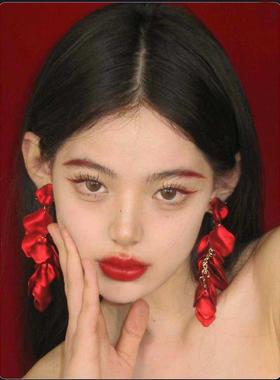 红妆明星同款层层红色花瓣流苏耳环长款耳坠高级感蓝色时尚耳饰品