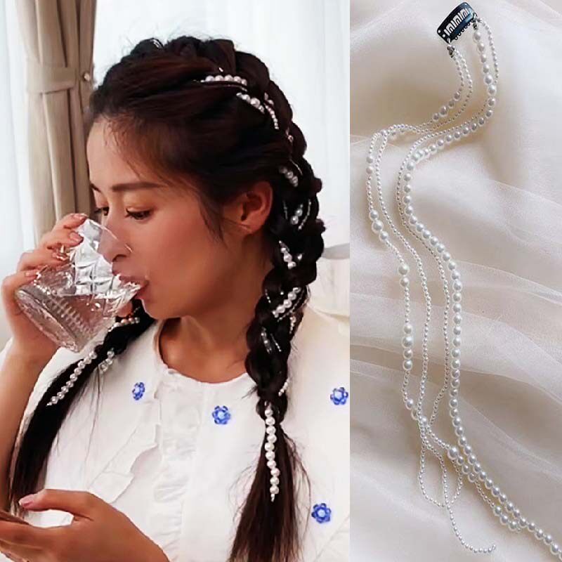 抖音颖儿同款珍珠编发链流苏串珠发夹扎双马尾辫子发饰网红头饰女