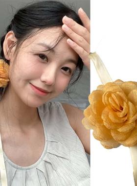 复古金色玫瑰花朵项链发绳两用女小香风山茶花头绳发带扎马尾头饰