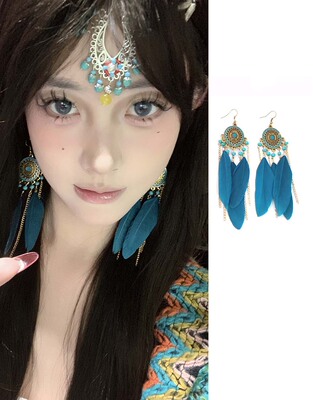 阿沁同款波西米亚孔蓝色羽毛耳环
