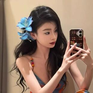 高级感蓝色百合花朵抓夹女后脑勺鲨鱼夹抓夹大号海边头饰夹子新款