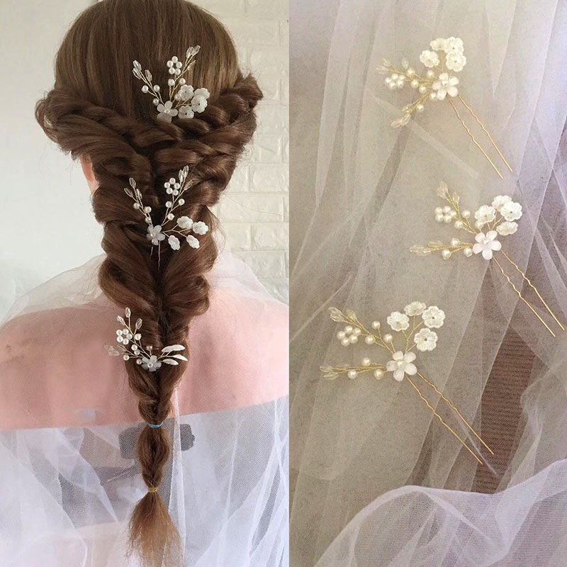 唯美超仙新娘造型头饰花朵发叉梅花插针珍珠u型夹发卡女盘发饰品