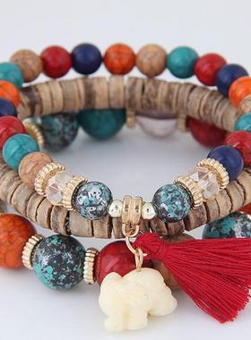 波西米亚风彩色串珠手链个性百搭小象流苏气质多层手镯手腕饰品女