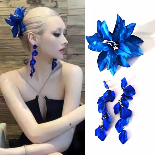 新中式蓝色系百合花发夹丸子头顶夹侧边发饰头花发卡晨袍礼服配饰