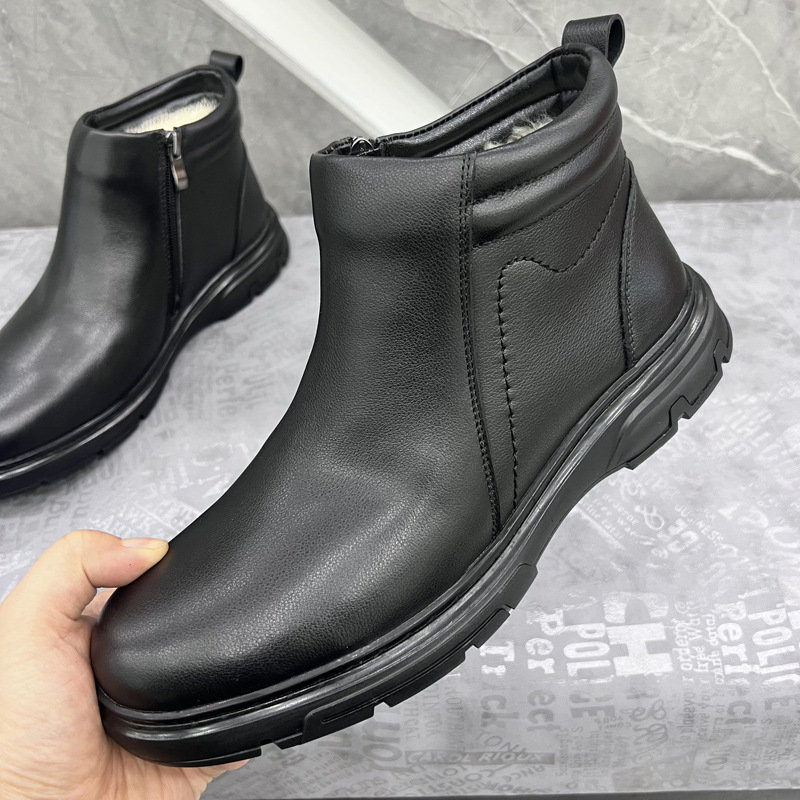 冬季加厚纯羊毛棉鞋男休闲皮毛一体防滑抗寒雪地靴厚底拉链棉皮鞋