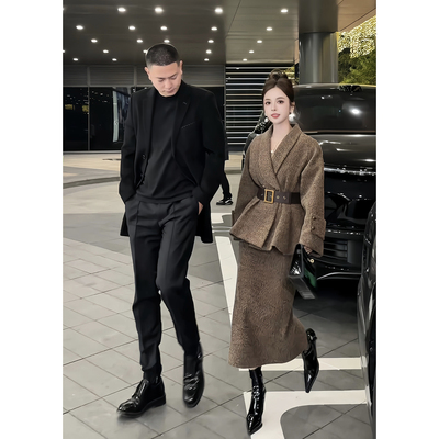 董小姐高端定制套装女白鸭绒羊毛呢外套半身裙独特漂亮冬装一整套