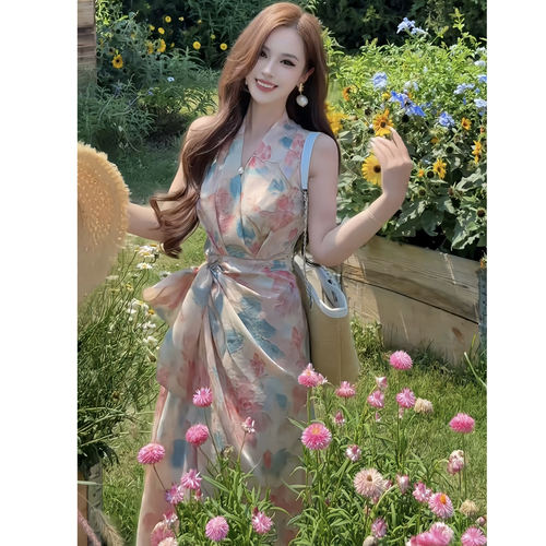 董小姐高端定制女装气质无袖系带连衣裙长裙醋酸提花连衣裙碎花裙